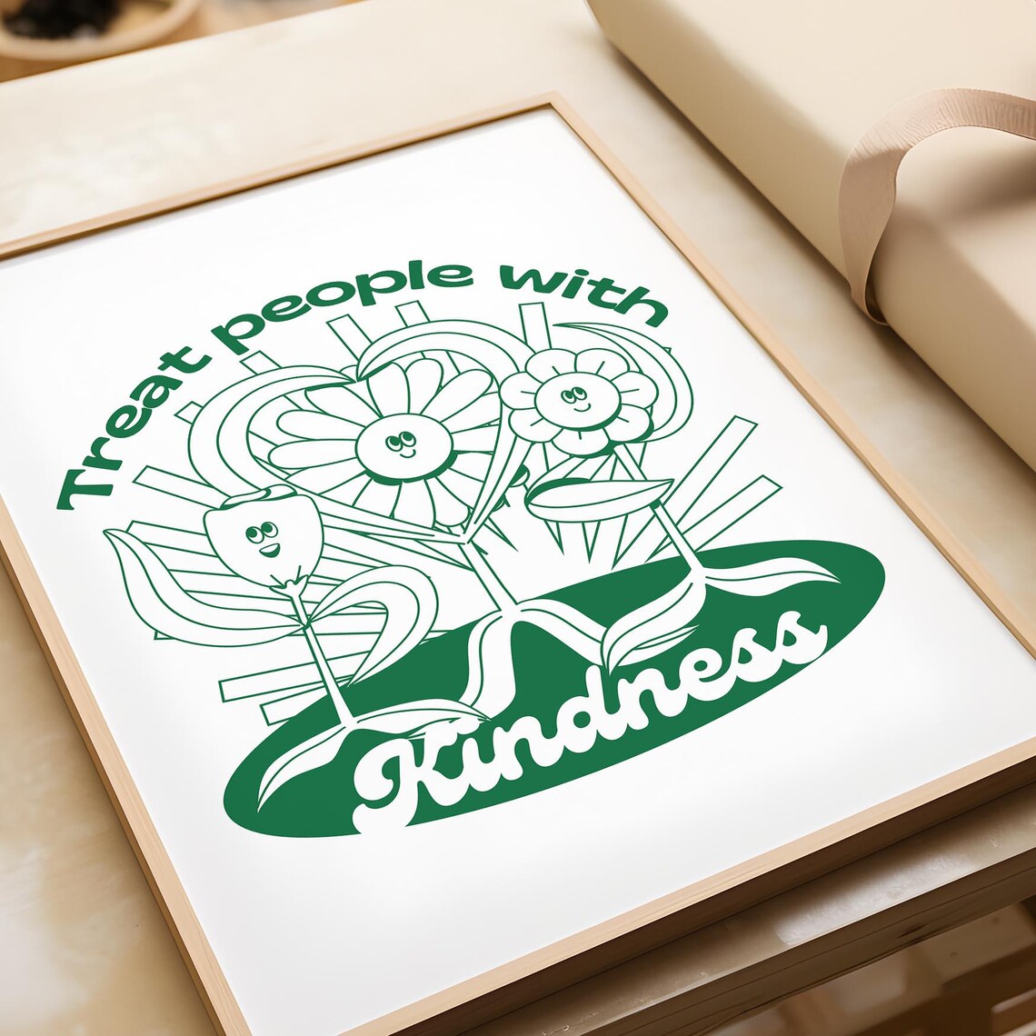 Treat People With Kindness Inspirational Green Flower Line Art Poster - Image 3