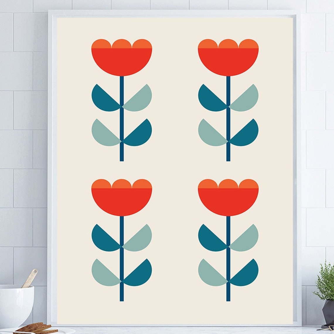 Red Tulips Geometric Floral Mid Century Modern Botanical Wall Poster