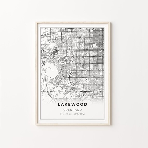 Lakewood Colorado Modern Minimalist Black White Street Map Poster