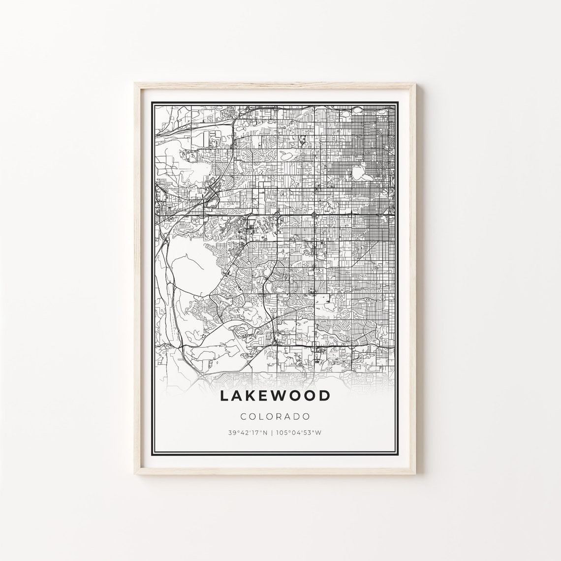 Lakewood Colorado Modern Minimalist Black White Street Map Poster