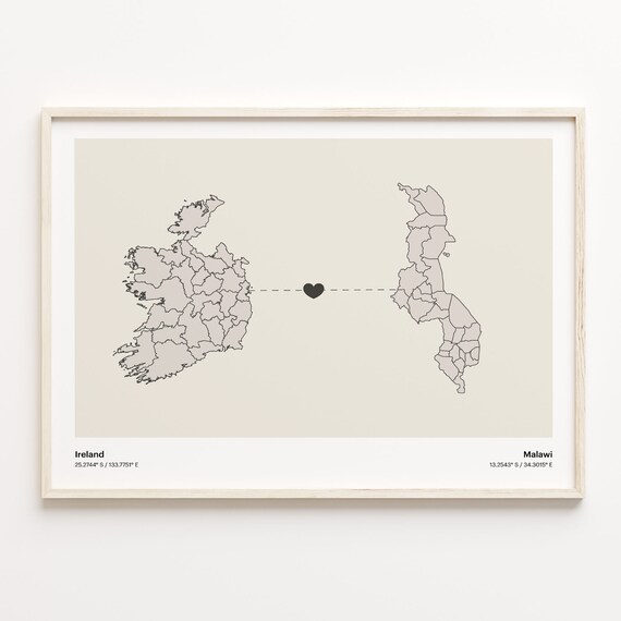 Ireland To Malawi Minimalist Heart Map Long Distance Love Poster
