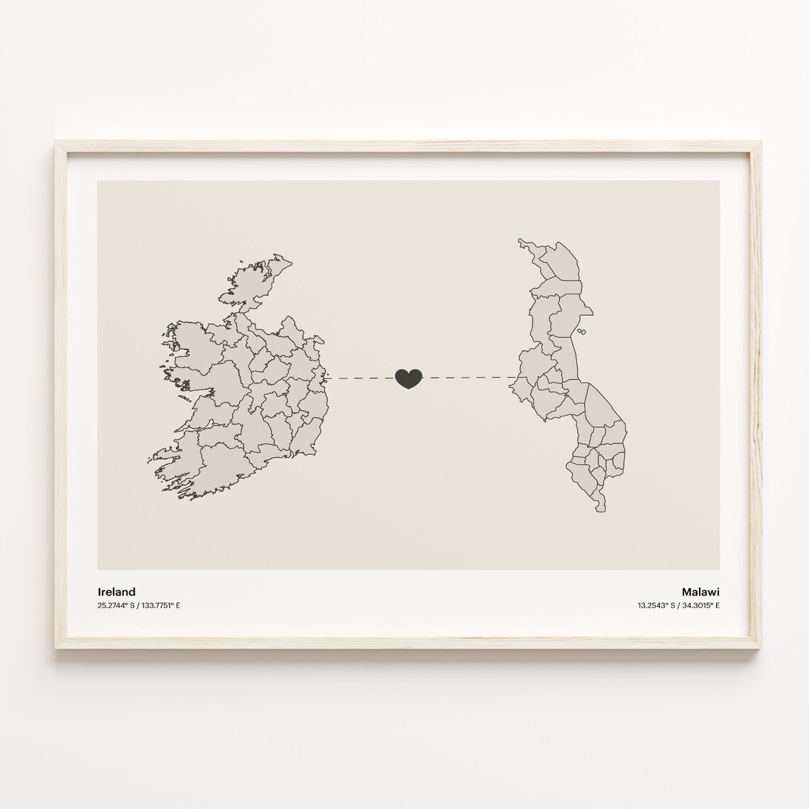 Ireland To Malawi Minimalist Heart Map Long Distance Love Poster
