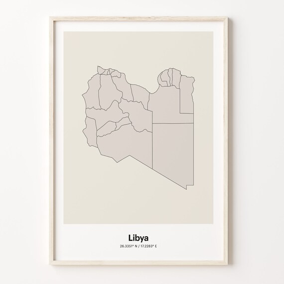 Libya Minimalist Map Poster With Printed Coordinates Neutral Home Decor