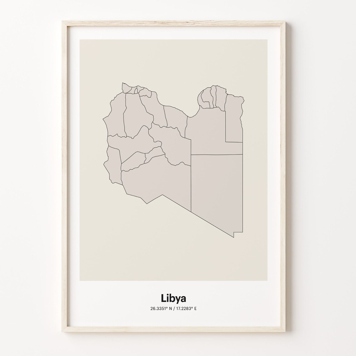 Libya Minimalist Map Poster With Printed Coordinates Neutral Home Decor