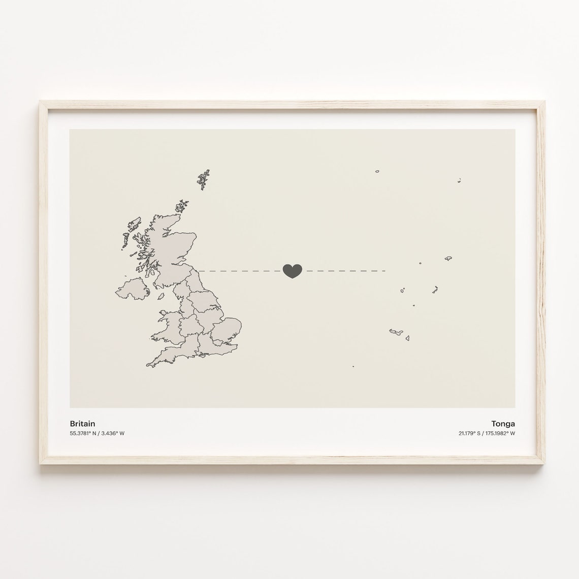 Britain Tonga Heart Connection Long Distance Love Story Map Poster