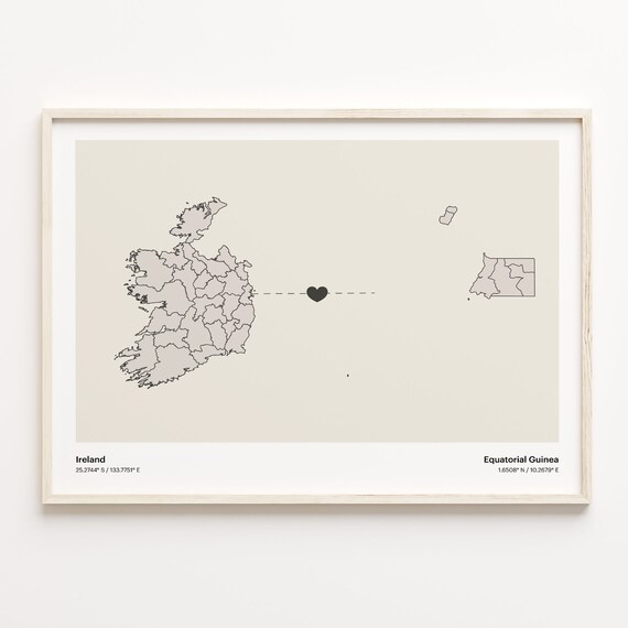 Ireland to Equatorial Guinea Long Distance Love Heart Connection Map Poster