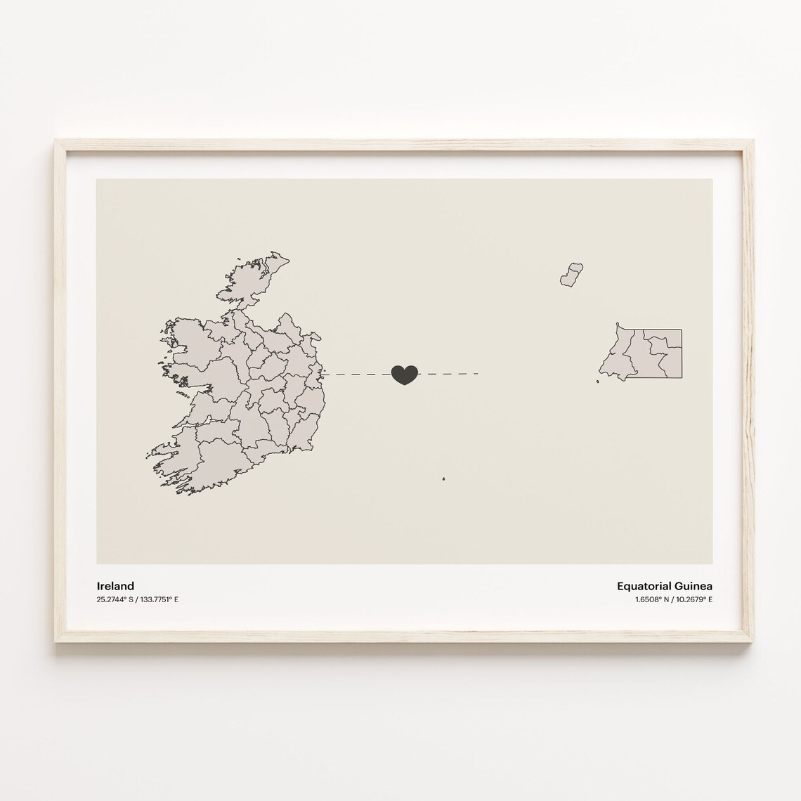 Ireland to Equatorial Guinea Long Distance Love Heart Connection Map Poster