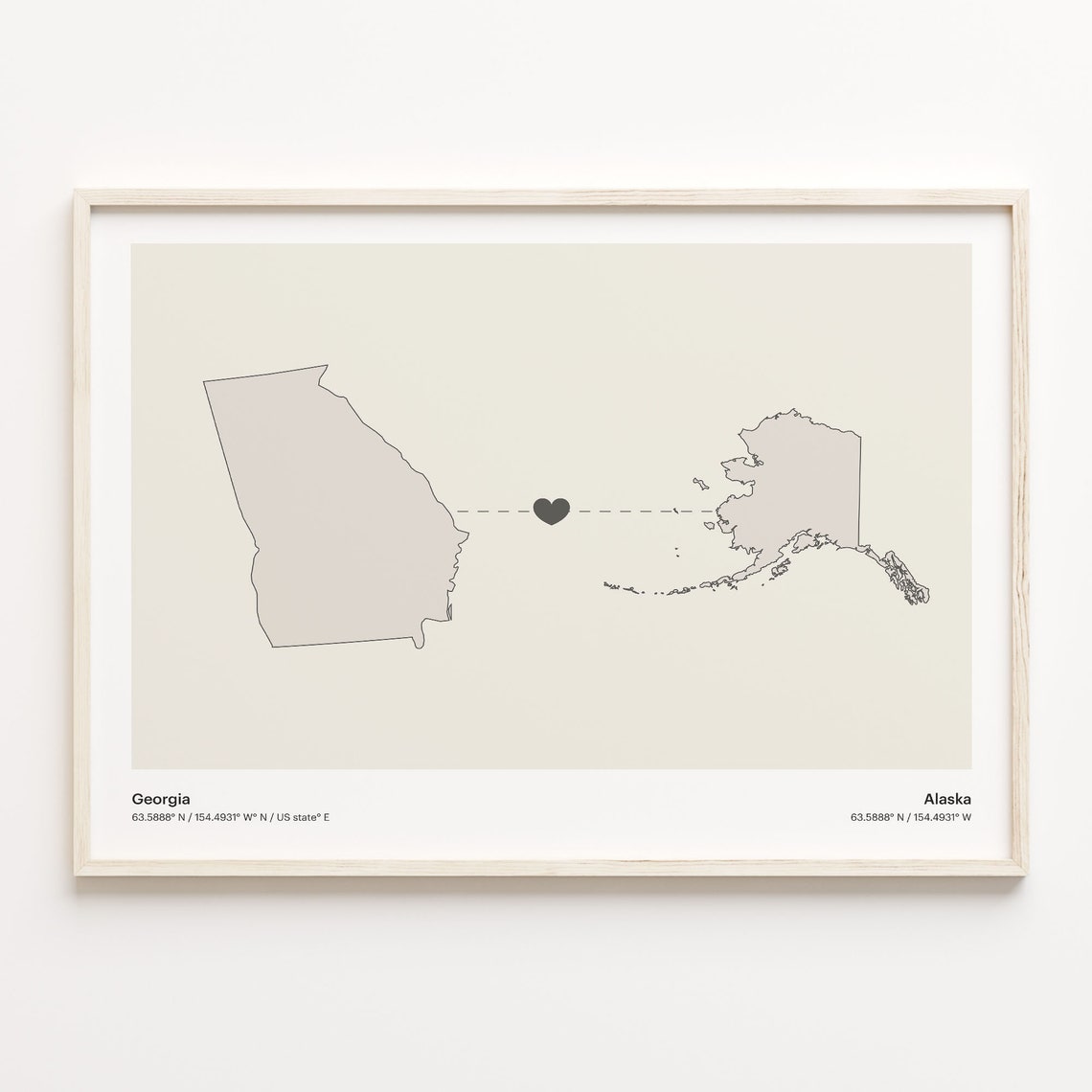 Georgia to Alaska Minimalist Long Distance Connection Map Poster