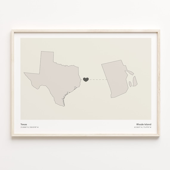 Texas Rhode Island Beige Minimalist Heart Connection Map Poster