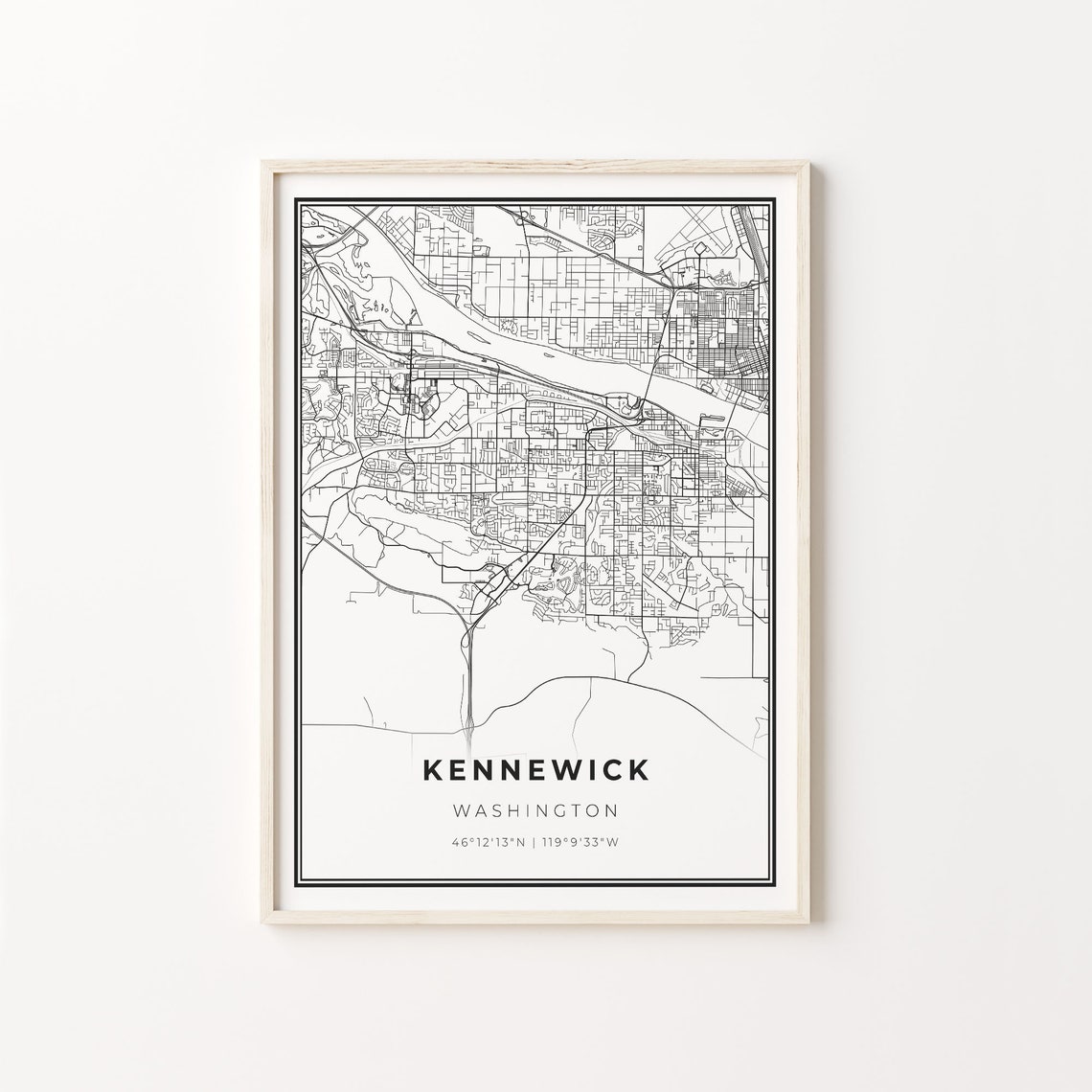 Kennewick Washington Modern Minimalist Black White Street Map Poster