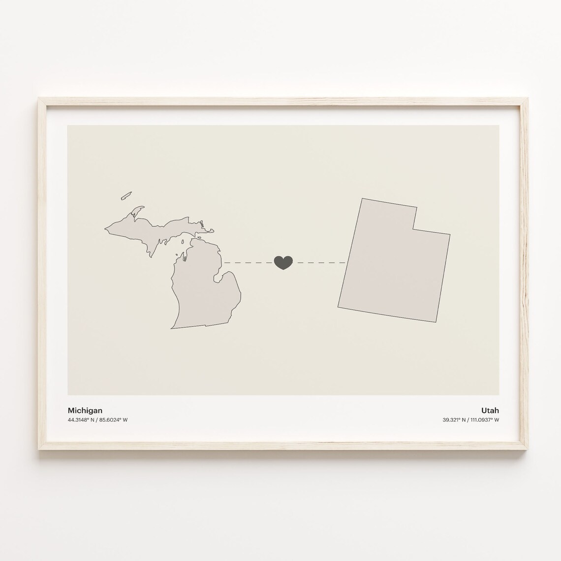 Michigan And Utah Long Distance Love Minimalist Heart Map Poster