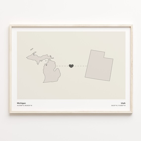 Michigan And Utah Long Distance Love Minimalist Heart Map Poster