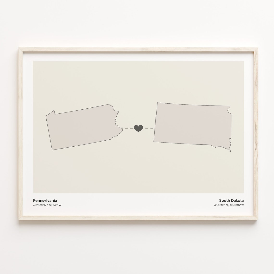 Pennsylvania To South Dakota Heart Connection Minimal Map Poster