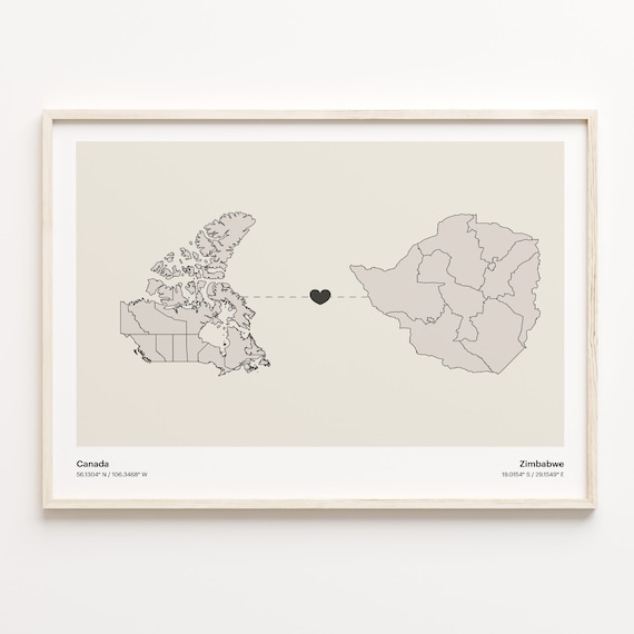 Canada and Zimbabwe Long Distance Love Country Connection Map Poster