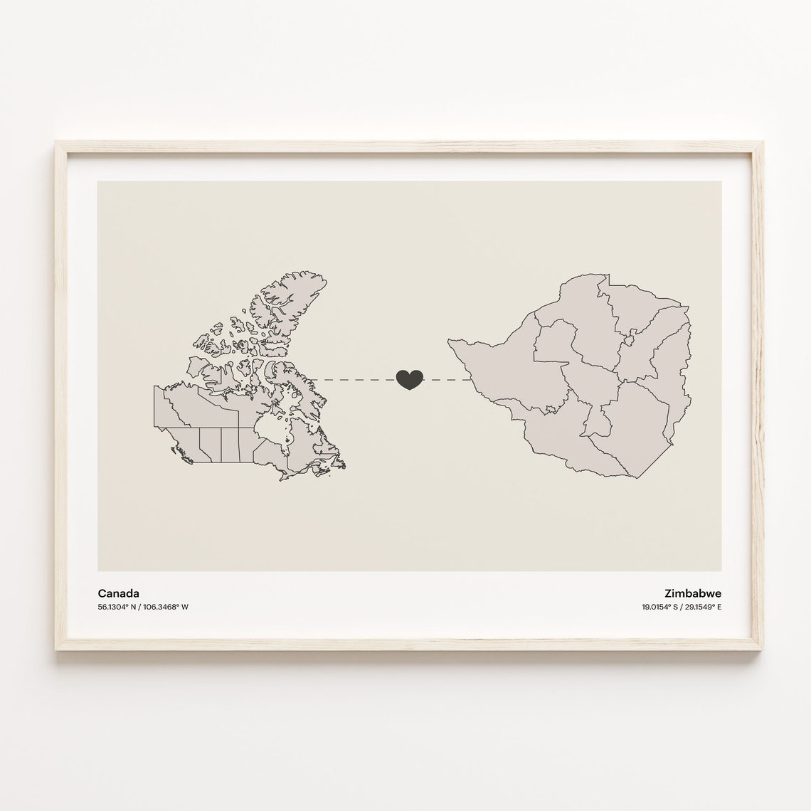 Canada and Zimbabwe Long Distance Love Country Connection Map Poster