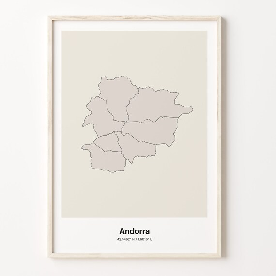 Andorra Country Map Beige Line Outline Minimalist Coordinates Poster