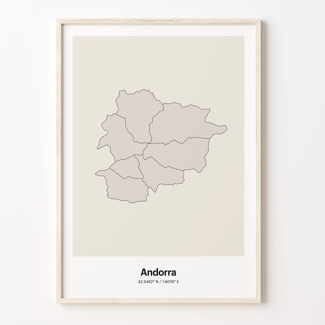 Andorra Country Map Beige Line Outline Minimalist Coordinates Poster
