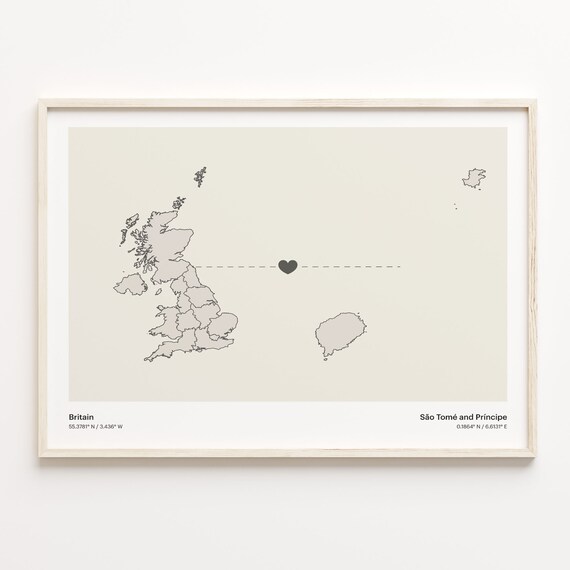 Britain São Tomé and Príncipe Long Distance Heart Connection Map Gift Poster