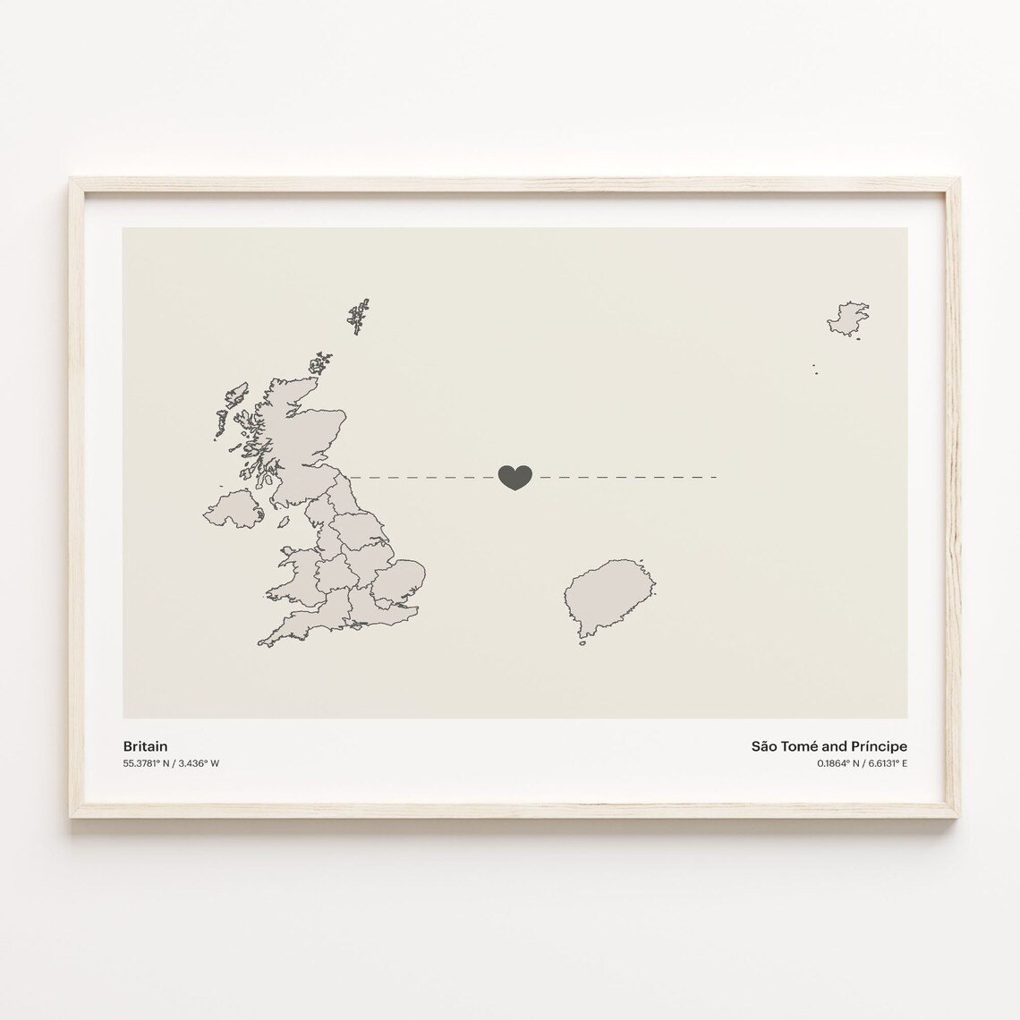 Britain São Tomé and Príncipe Long Distance Heart Connection Map Gift Poster
