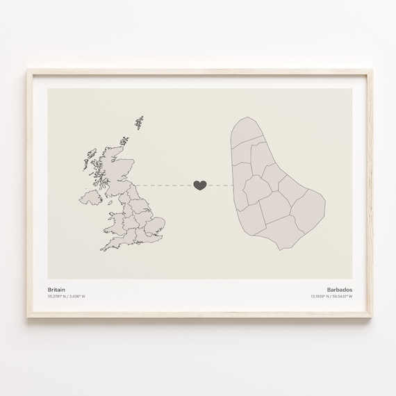 Britain To Barbados Long Distance Love Heart Map Minimalist Poster
