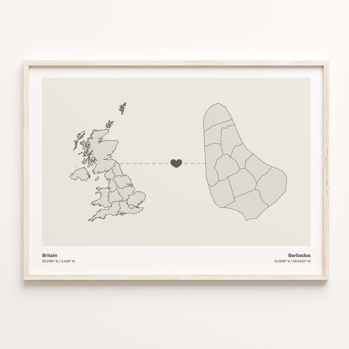 Britain To Barbados Long Distance Love Heart Map Minimalist Poster