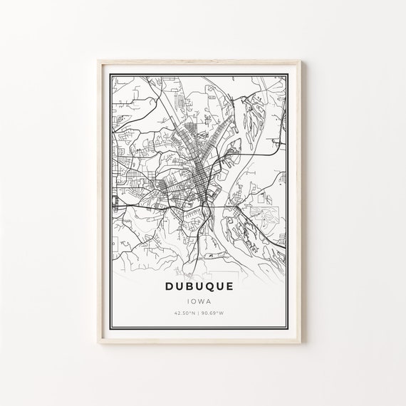 Dubuque City Map Art Print, Black and White Style