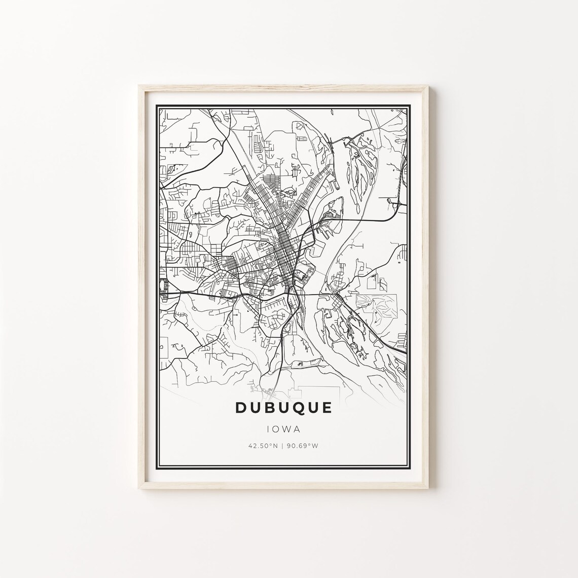 Dubuque City Map Art Print, Black and White Style