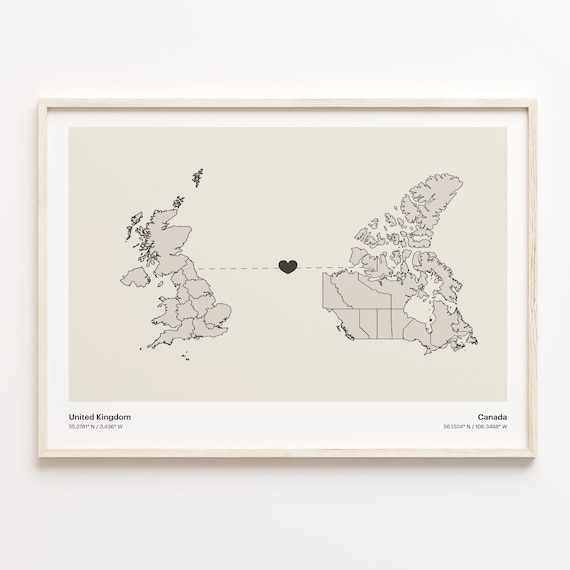 United Kingdom To Canada Minimalist Heart Map Connection Print