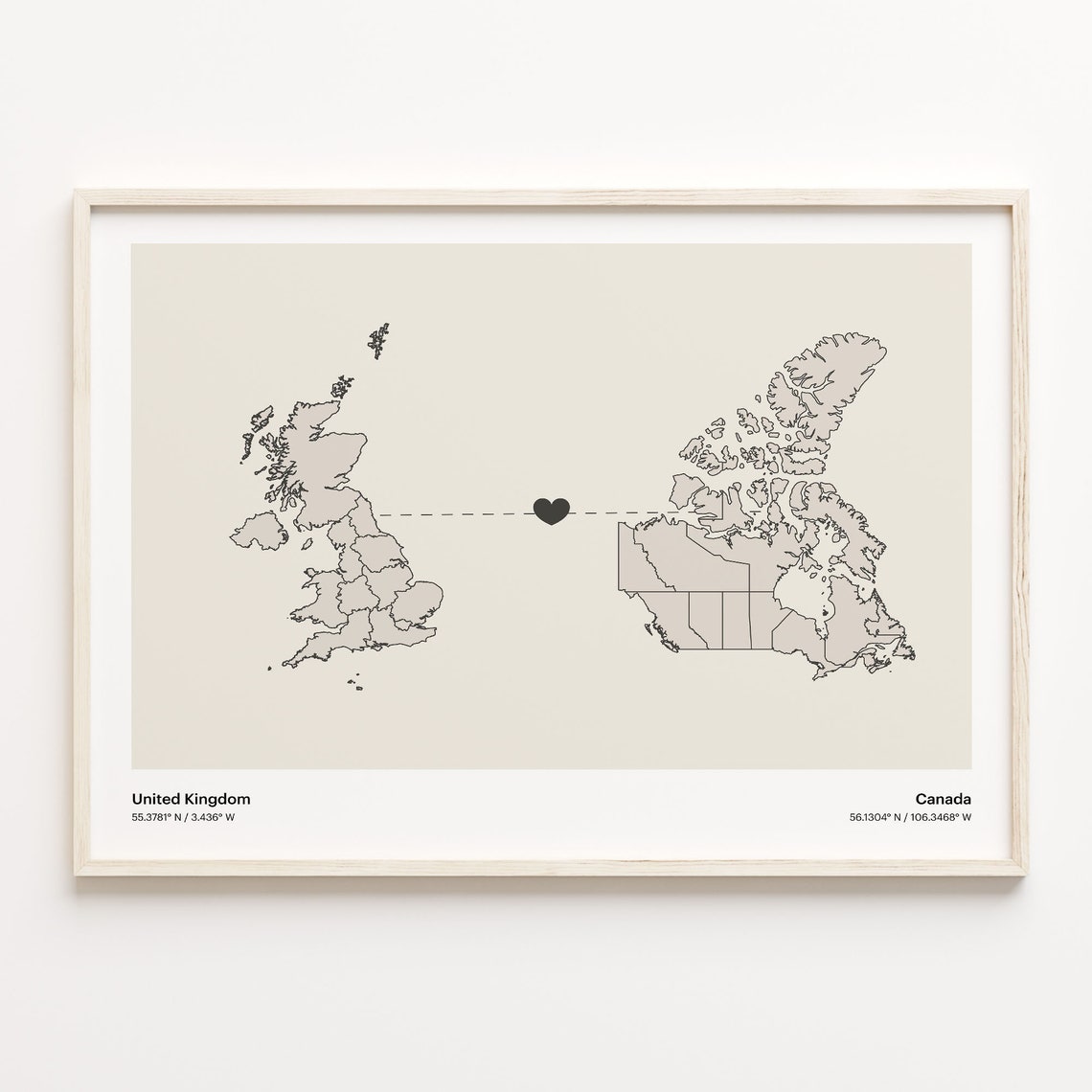 United Kingdom To Canada Minimalist Heart Map Connection Print