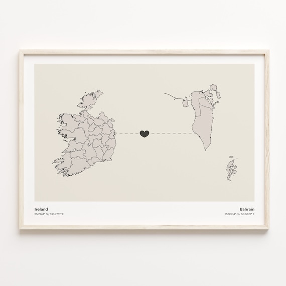 Ireland to Bahrain Long Distance Heart Country Connection Map Poster