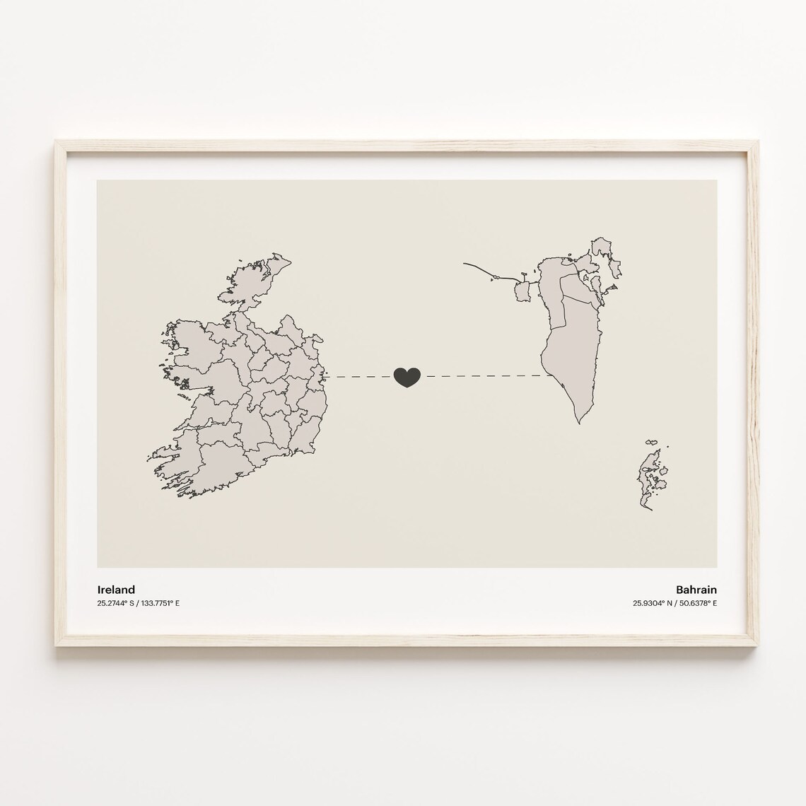 Ireland to Bahrain Long Distance Heart Country Connection Map Poster