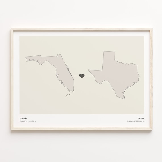 Florida to Texas Heart Map Long Distance Relationship Poster