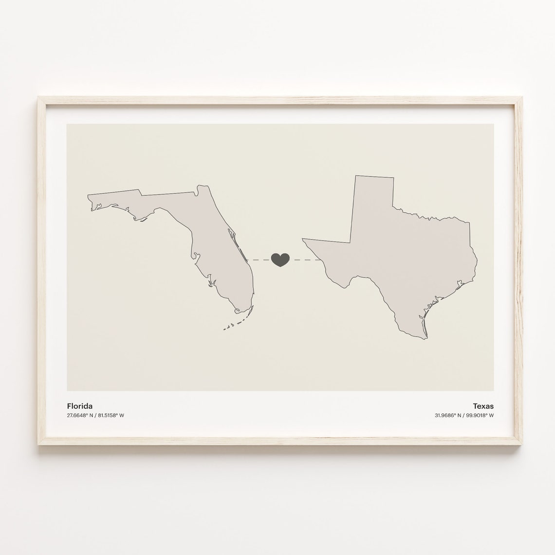 Florida to Texas Heart Map Long Distance Relationship Poster