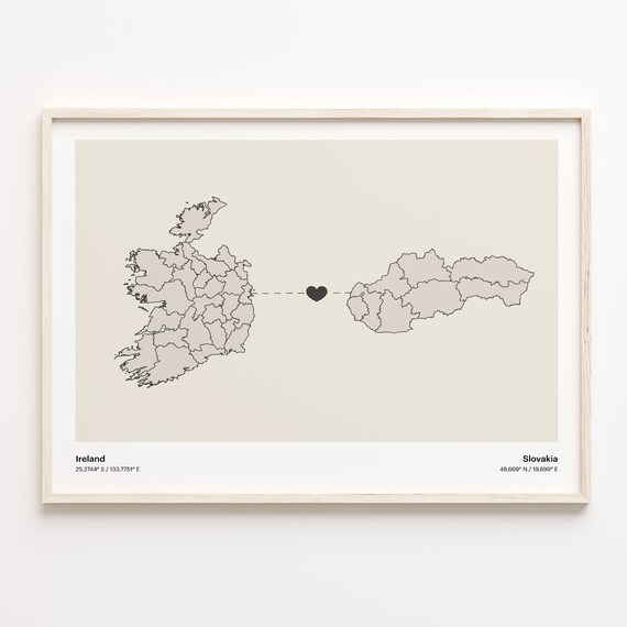 Ireland Slovakia Minimalist Long Distance Love Heart Map Poster