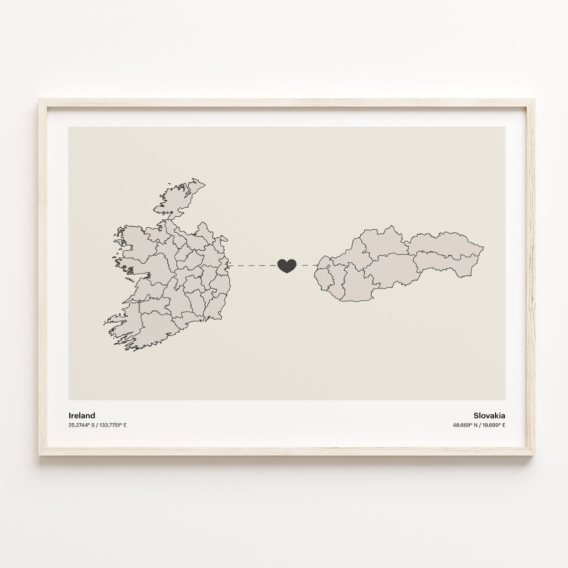 Ireland Slovakia Minimalist Long Distance Love Heart Map Poster