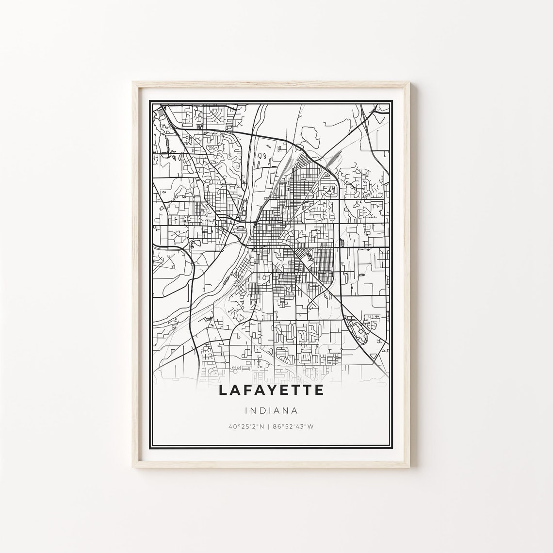 Lafayette Indiana Minimalist Modern Black And White City Map Poster