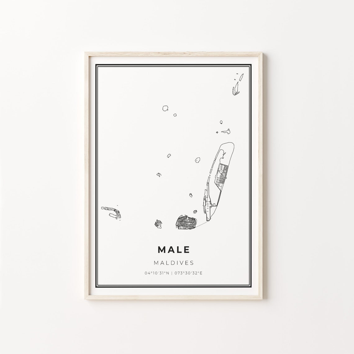 Male Maldives Minimalist Black White City Street Map Art Poster