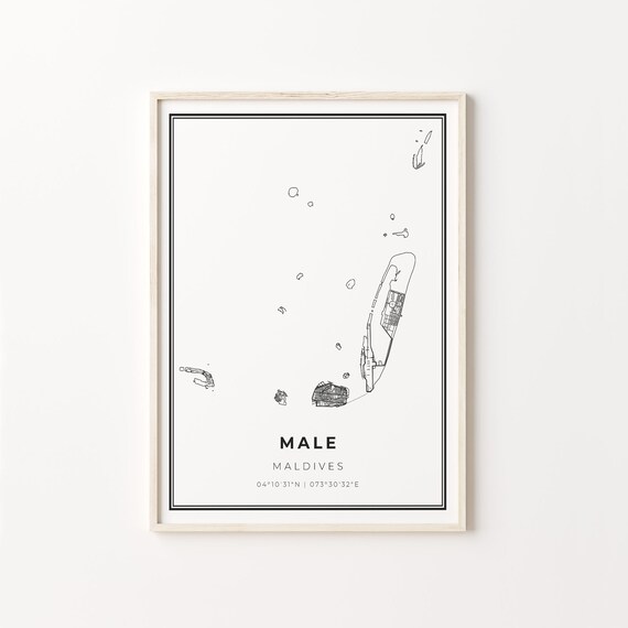 Male Maldives Minimalist Black White City Street Map Art Poster