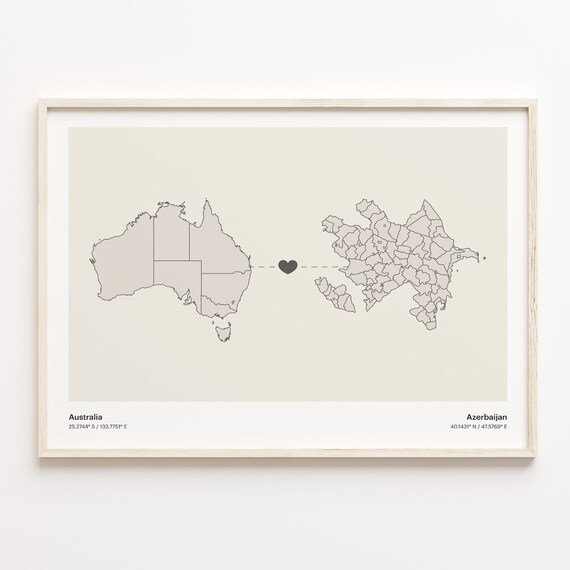 Australia and Azerbaijan Minimalist Long Distance Heart Map Connection Poster