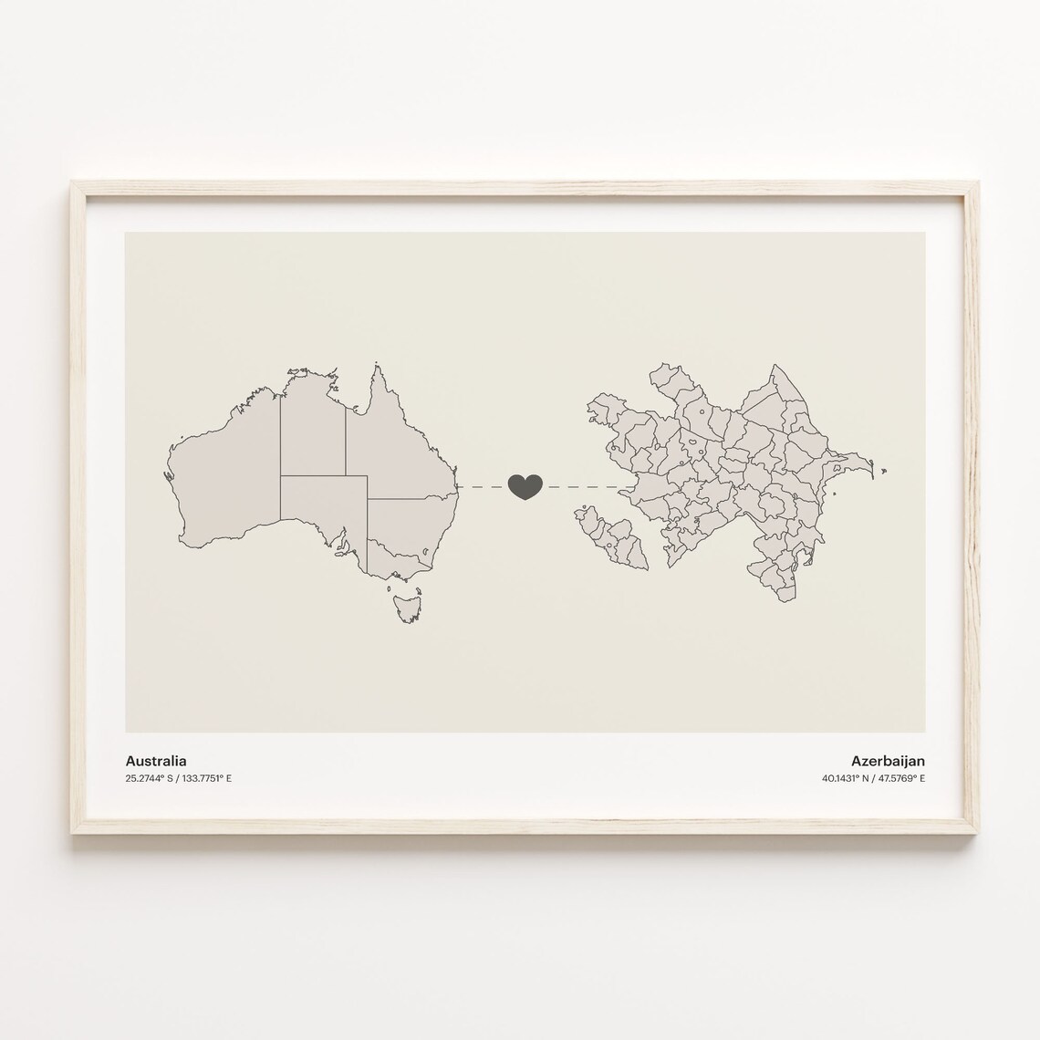 Australia and Azerbaijan Minimalist Long Distance Heart Map Connection Poster