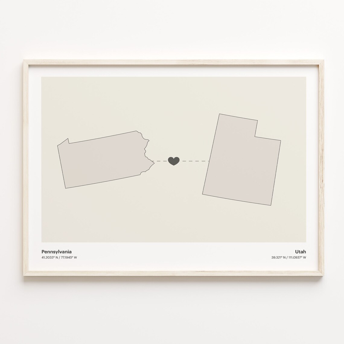 Pennsylvania To Utah Minimalist Heart Long Distance Connection Poster