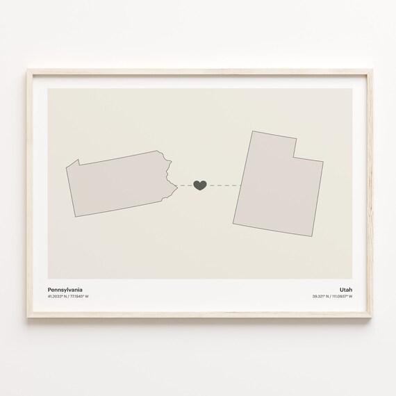 Pennsylvania To Utah Minimalist Heart Long Distance Connection Poster