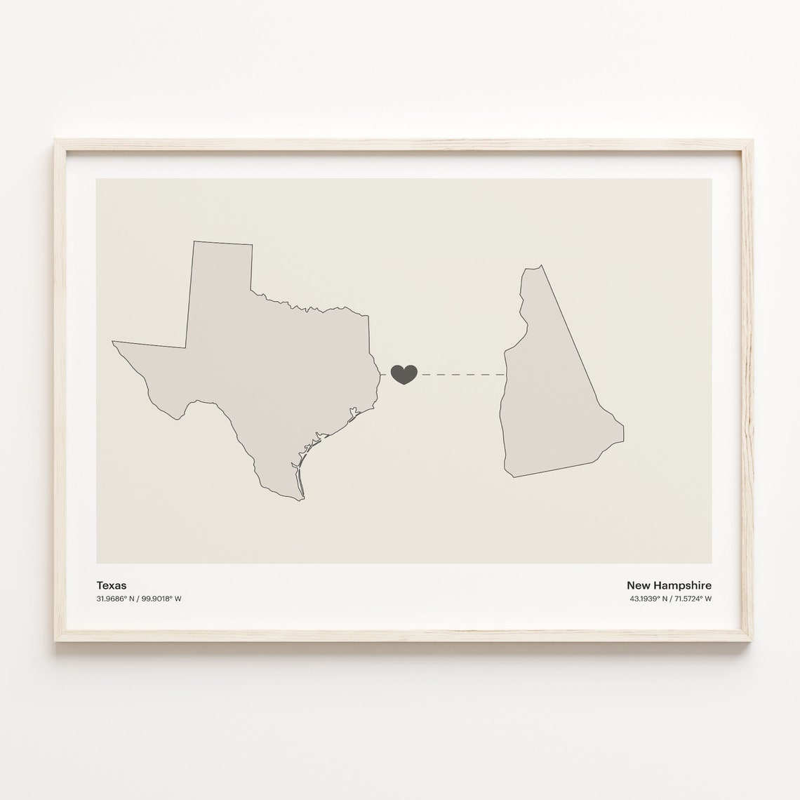 Texas and New Hampshire Long Distance Heart Connection Map Poster