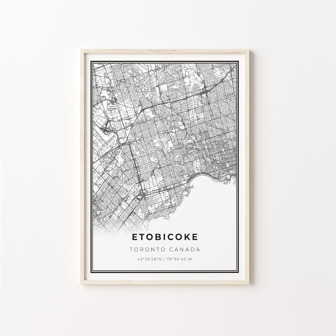Etobicoke Toronto Canada Minimalist Black and White City Street Map Poster