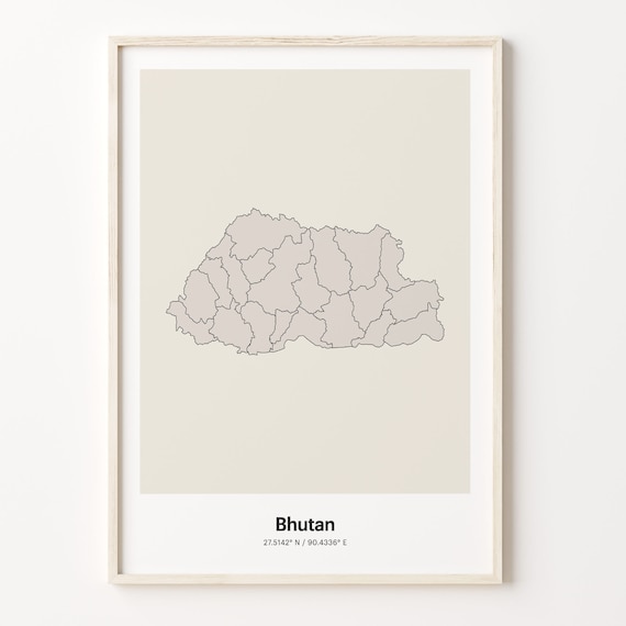 Bhutan Minimalist Country Map Line Art Travel Coordinates Gift Poster