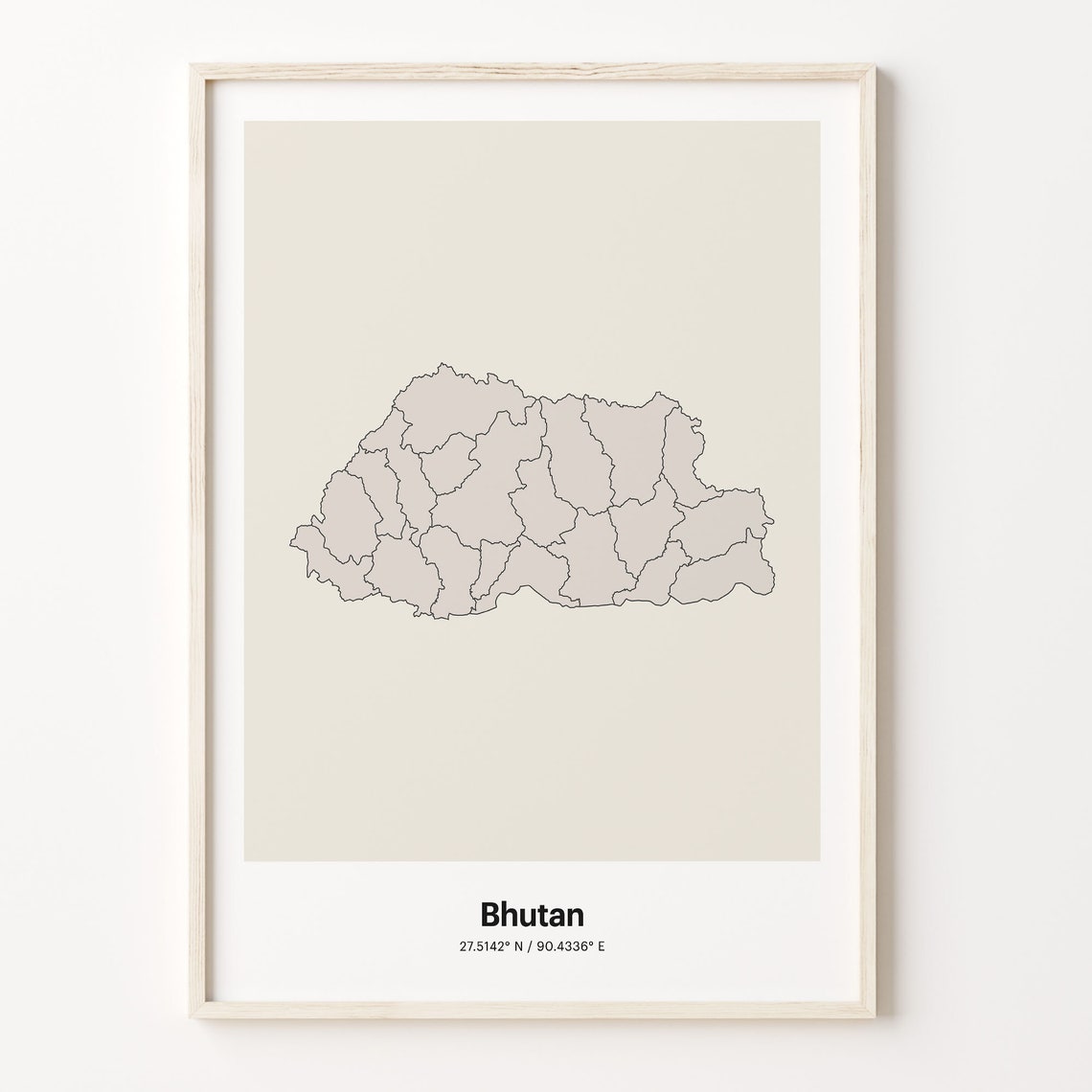 Bhutan Minimalist Country Map Line Art Travel Coordinates Gift Poster