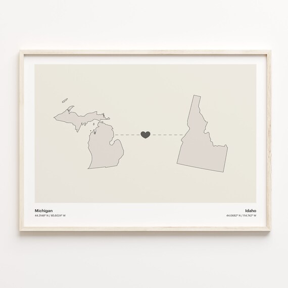 Michigan to Idaho Minimalist Long Distance Connection Map Poster