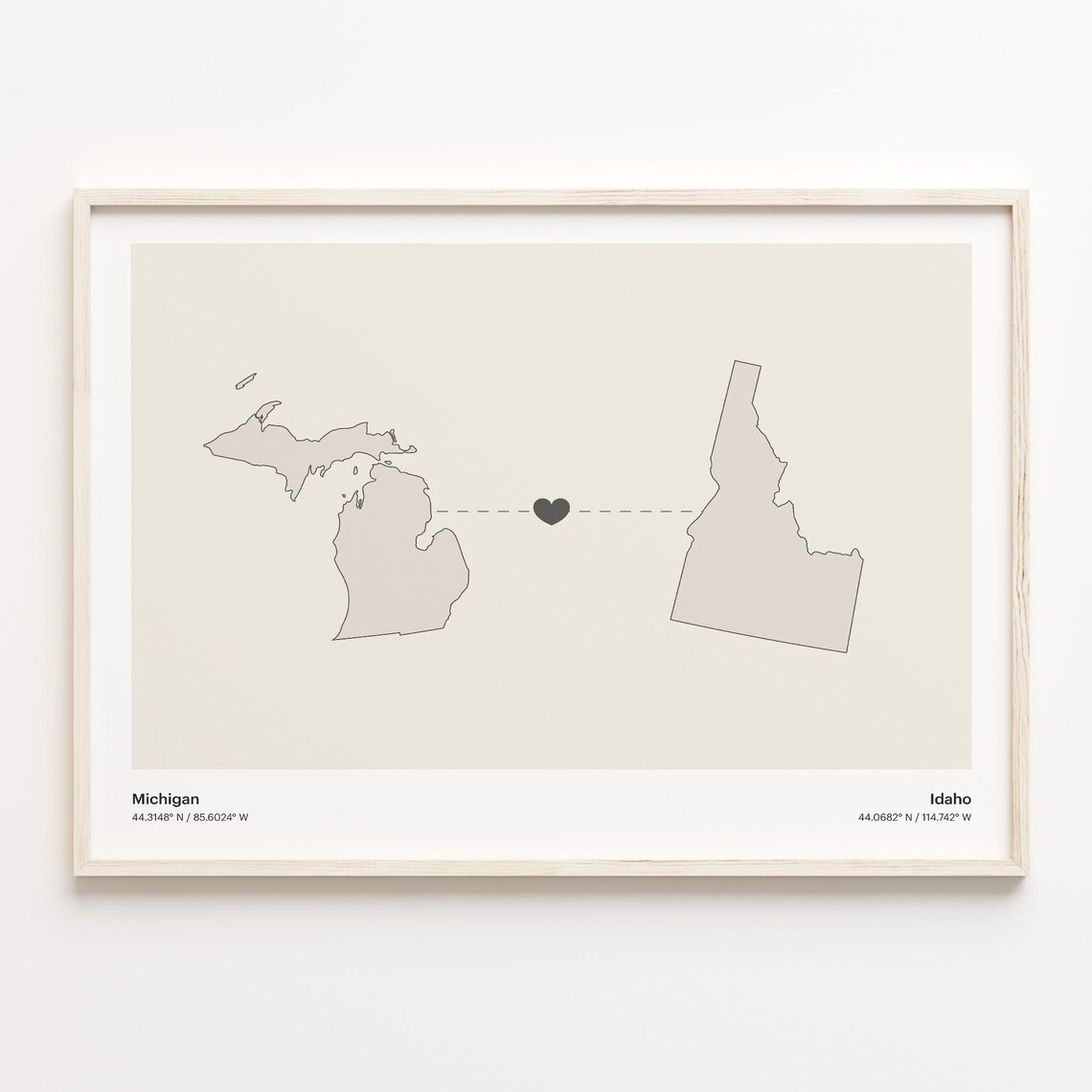 Michigan to Idaho Minimalist Long Distance Connection Map Poster