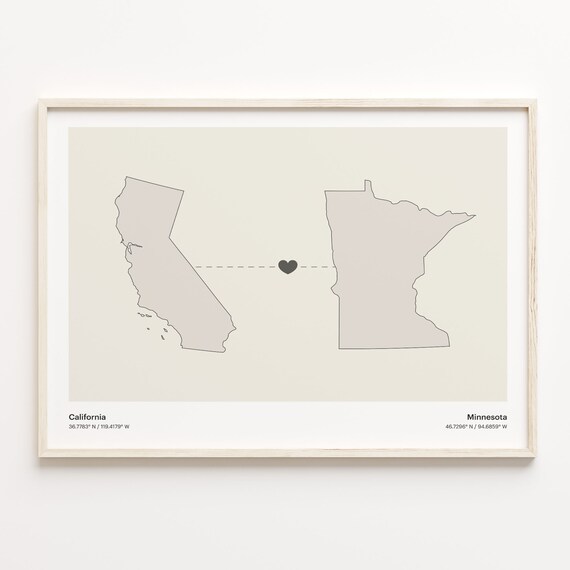 California Minnesota Long Distance Connection Heart Map Poster