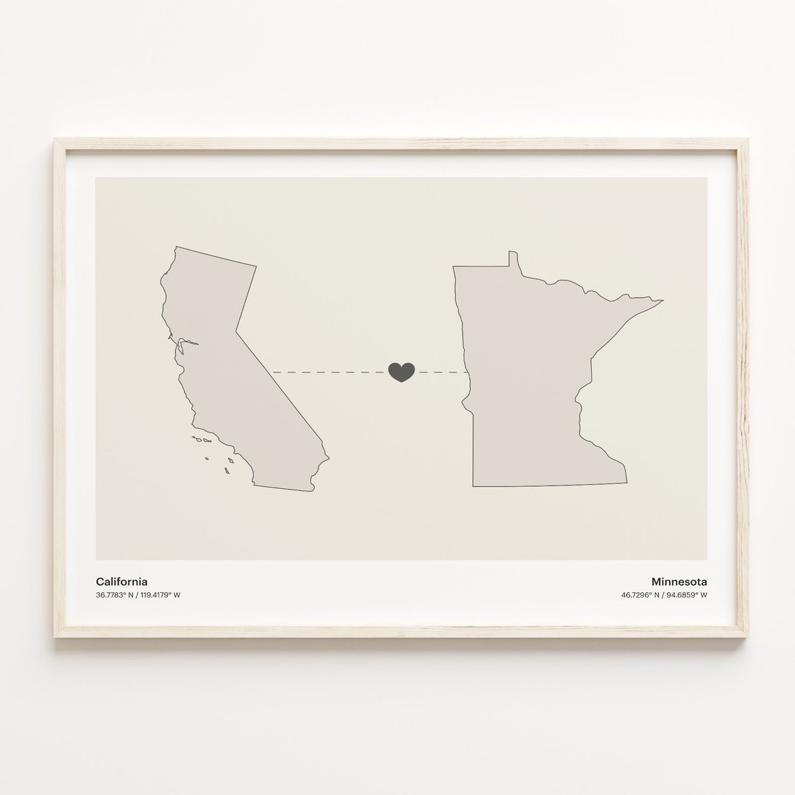 California Minnesota Long Distance Connection Heart Map Poster